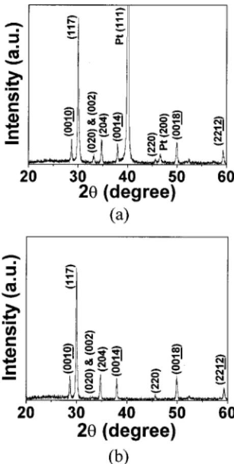 FIG. 1. XRD patterns of BLT on 共a兲 Pt/Ti/SiO 2 /Si and 共b兲 Al 2 O 3 (6 nm)/Si.