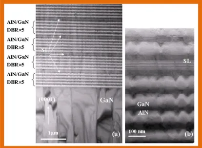 Fig. 1. (a) Cross-sectional TEM image of the SL DBR structure. (b) Cross-sectional TEM image of the SL DBR structure