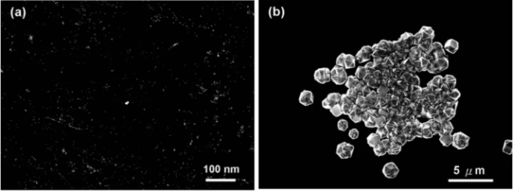 Fig. 6 SEM morphology of diamond deposits on the dry-coated substrate with adamantane (without dip-coating from the solvent) in (a) low magnification and (b) high magnification.