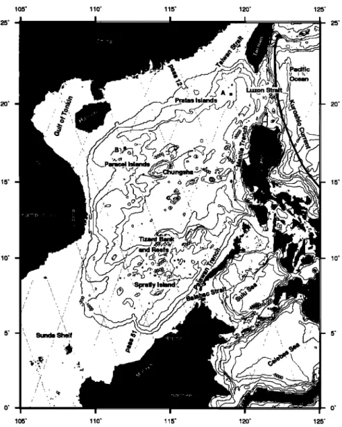Figure 1. Major surface  and bottom  features  and selected  contours  of depth  over the SCS