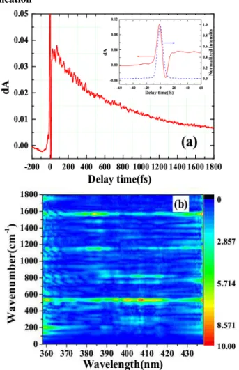 Fig. 3. (Color online) (a) The total absorbance dA vs. the pump-probe delay time in the spectral  range from 374 nm to 399 nm