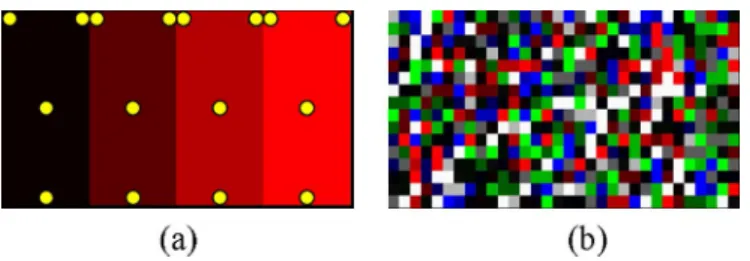 Fig. 3. (a) Red color-ramp, for example, consists of four patches with digit counts (10, 0, 0), (90, 0, 0), (180, 0, 0), and (250, 0, 0) from left to right
