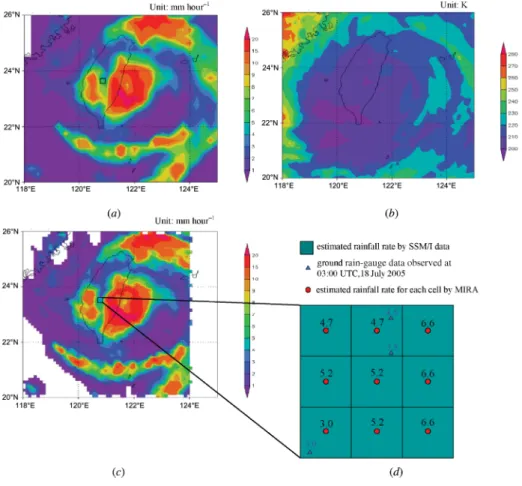 Figure 4. (a) Inversed rainfall rate of typhoon Haitang using equations (3) and (4), with the microwave (SSM /I) data observed at 01:59 UTC on 18 July 2005; (b) MTSAT-1R infrared  satel-lite image (IR1) observed at 02:00 UTC on 18 July 2005; (c) estimated 