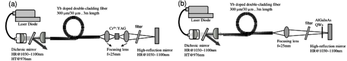 Fig.  2.  Schematic  of  diode-pumped  PQS  Yb-doped  fiber  lasers.  (a)  with  Cr 4+ :YA  crystal  (b) 