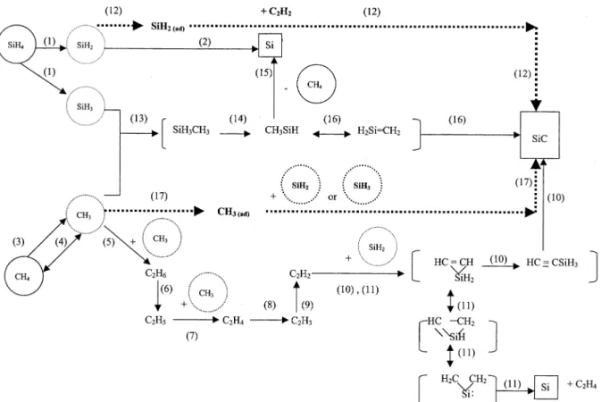 Fig. 8. Proposed growth mechanism for SiC thin films with SiH and CH as the source gases