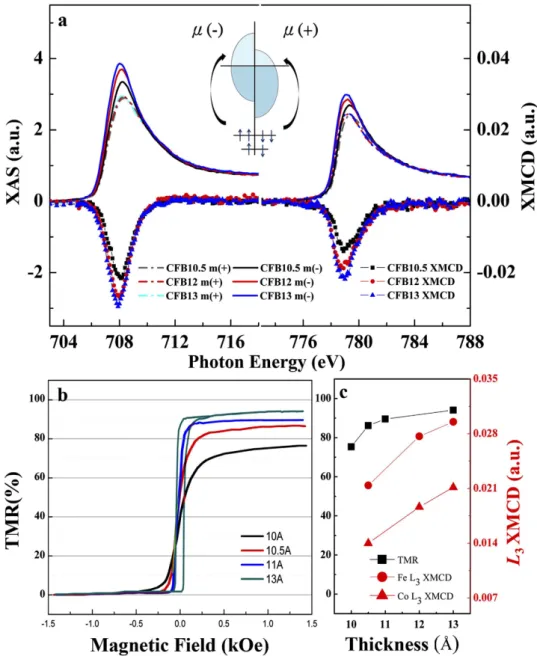 Figure 5.  Thickness-dependent XMCD and TMR results. (a) Thickness-dependent L 3  XAS of Fe (left 