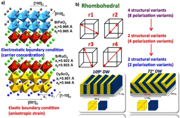 Figure 10  Boundary conditions for domain-wall engineering in BiFeO 3 . (a) The electrostatic boundary condition provided by the  SrRuO 3  bottom electrode and the elastic boundary condition provided by the anisotropic strain of DyScO 3  substrate [99]