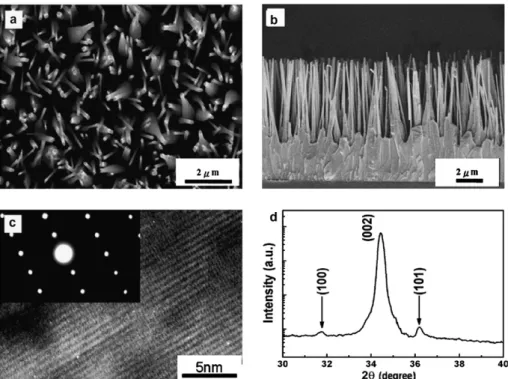 Fig. 2 a shows the SEM top-view of the ZnO nanorods that were synthesized at 600 C and 50 Torr ambient  pres-sure