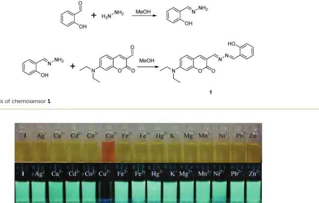 Fig. 1 Color (top) and fluorescence (bottom) changes in 1 upon the addition of various metal ions in a methanol–water (v/v = 1 : 1, 10 mM HEPES, pH 7.0)