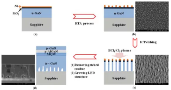 Fig. 1. Schematic fabrication process of GaN-based LED on NR GaN template. (a) Ni film on GaN
