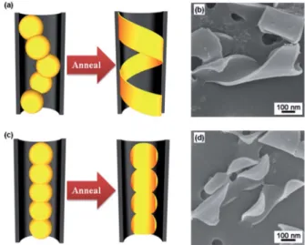 Fig. 6 (a) Graphical illustration of helix-like polymer nanostructures and (b) their corresponding SEM image; (c) graphical illustration of connected polymer nanostructures and (d) their corresponding SEM image