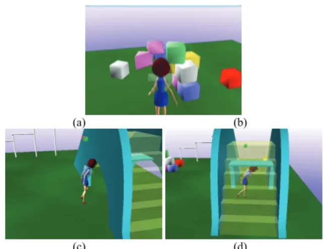 Fig. 8: Snapshots of the digital actor avoiding collisions with the environ- environ-mental obstacles under interactive user control 