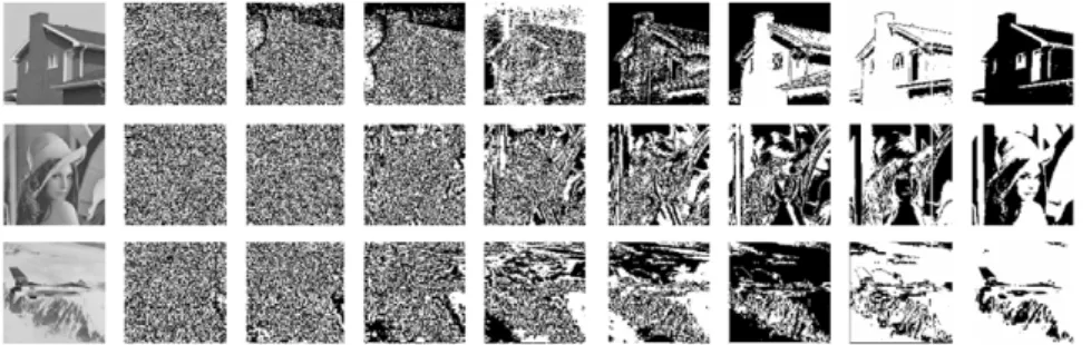 Fig. 1. Three grayscale images and their 8 corresponding bit planes (from left to right, original images, bp 0, bp1, bp2, 