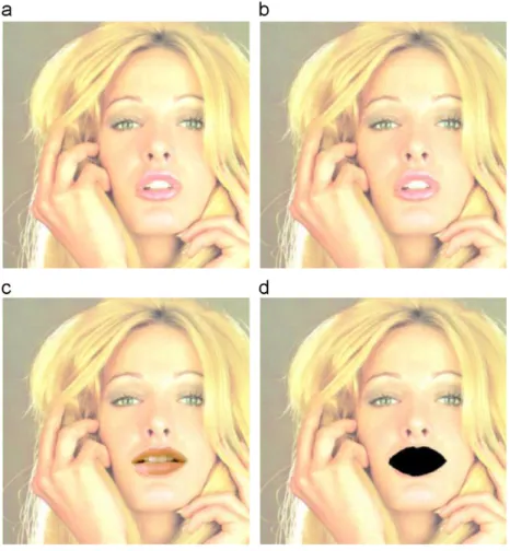 Fig. 11. Authentication result of an attacked stego-image of Tiffany with an added rose: (a) Stego-image with authentication signals; (b) Modiﬁed stego- stego-image; (c) Result with altered pixels detected and marked in black.