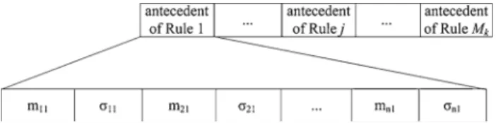Fig. 5 The coding the antecedent part of fuzzy rules into a chromosome in the network-level evolution