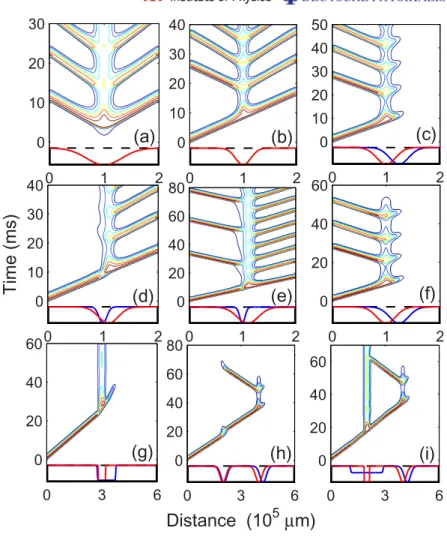 Figure 2. The contours of V m in the space–time plots around various Na and K channel density defects, described by blue and red curves, respectively, under each panel