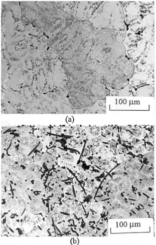 Fig. 3. Etched light micrographs of the solution-treated materials (a) monolithic alloy (2.22 wt.% Mg) (b) 0.1 V f composite.