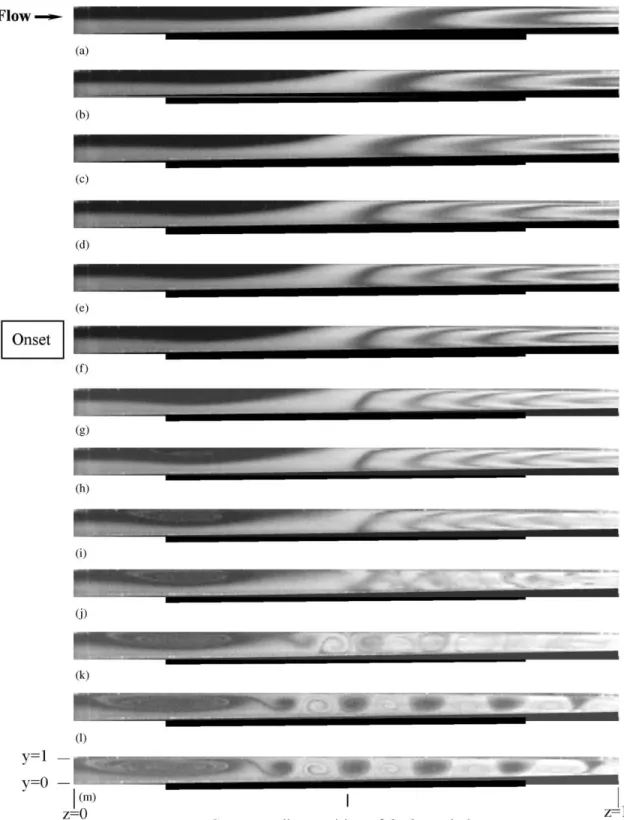 Fig. 7. Side view ﬂow photos taken at the vertical central plane x ¼ 0:5 at steady or statistical state for the duct with f ¼ 0:971 for Ra ¼ 15; 800 for Re ¼ 39:1 (a), 33.3 (b), 32.1 (c), 27.6 (d), 24.1 (e), 23.1 (f), 20.1 (g), 14.2 (h), 12.5 (i), 9.6 (j),