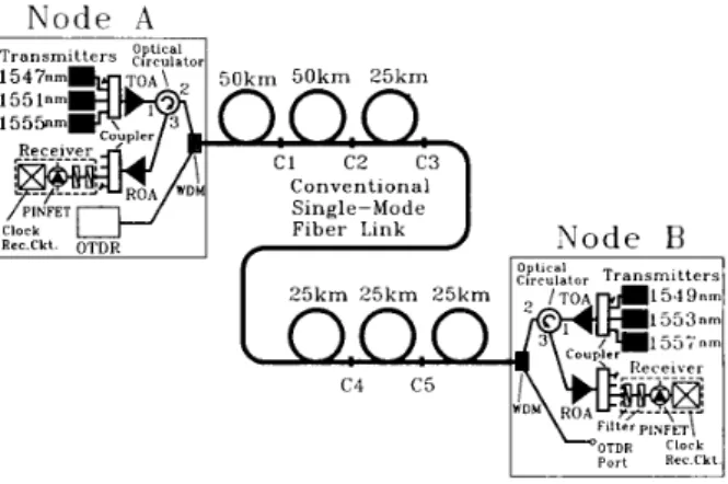 Fig.  1.  In-service  supervisory  repeaterless  bidirectional  WDM  transmission  system