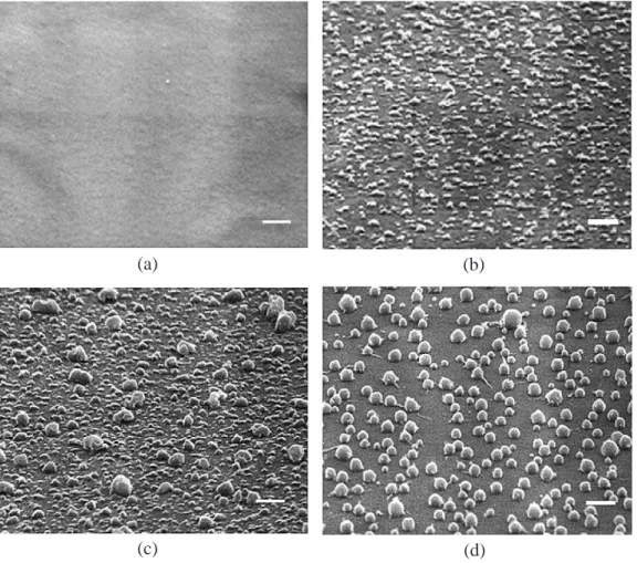 Fig. 1. Surface morphologies with different film composition of (a) Ni 170 2, Au 30 2 (b) Ni 150 2, Au 50 2 (c) Ni 130 2, Au 70 2 (d) Ni 100 2, Au 100 2, which show different surface roughness