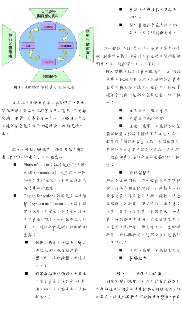 圖 1：Amazon 網路書店產品定價  在 系統化的發展企業組織 的部分，則希 望在網路上設立一家以客為尊的書店，方便顧 客線上瀏覽，並儘量提供多元化的選擇。包含 了提供消費種多樣化的選擇與一次夠足的方 案。  然而，轉換的過程中，還需要在考慮計 畫（plan）。計畫包含了兩種意涵：   Plans of action：就像是程序;手續; 步驟（procedure），是否能成功取 決於計畫的擬定人，事先能夠洞悉 偶發事件的程度。 