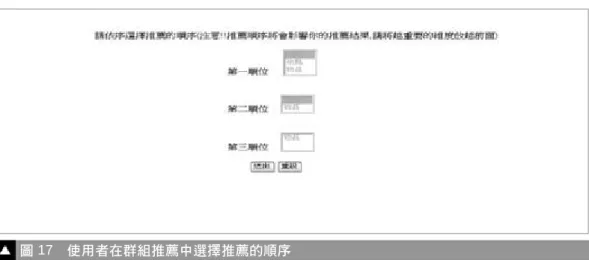 圖 16 使用者所欲安排於行程違反自己所設定目標比例 使用者在需要系統推薦時就可以使用推薦行程的功能，首先使用者必須選擇需要 的推薦組合，也就是需要推薦的維度，選擇完推薦組合之後，使用者要指定其他既定 維度的資訊。接下來，系統會要求使用者選擇推薦的方式，使用者可以選擇參考群組 成員的群組推薦或是參考本身歷史資料的個人高分評價沿用。如果選擇群組推薦則下 一步必須選擇推薦的順序，如圖 17。 圖 17 使用者在群組推薦中選擇推薦的順序 指定完推薦的順序後系統將開始運算，當推薦的結果中地點樹有可以向下推薦的 可能