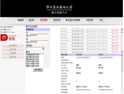 圖 18  系統管理─使用記錄查詢  陸、結論及未來展望  本計畫完成建置表演藝術典藏平台，於各單位 訪談之時會有詮釋資料欄位及格式不同調之情 況，以及不同專家領域對單一欄位會有不同的釋 義，訪談完畢之後，達成統合各使用單位所須的欄 位表，以都柏林核心為基礎整理出符合臺北藝術大 學來使用的詮釋資料欄位，將來因應需求還可以做 欄位添增動作。另外如未來有多餘資源進行系統升 級或擴充，以主題為主要個體。並於既有形式的分 類與次分類表會依陸續加入典藏單位而改變，打破 既有的分類與次分類，改以主題為主做為呈現，各 主