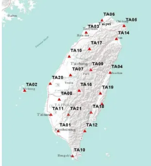 Figure 1. 21 CORS stations in Taiwan 