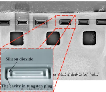 Figure 7. SEM photo of the tungsten plugs after the titanium wet etchant. The tungsten plugs were completely removed.