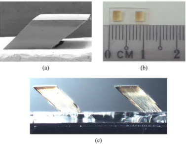 Fig. 10. Fabricated SU8 micro prism: (a) SEM of a single prism, (b) top view of a pair of prisms, (c) side view of a pair of prisms.