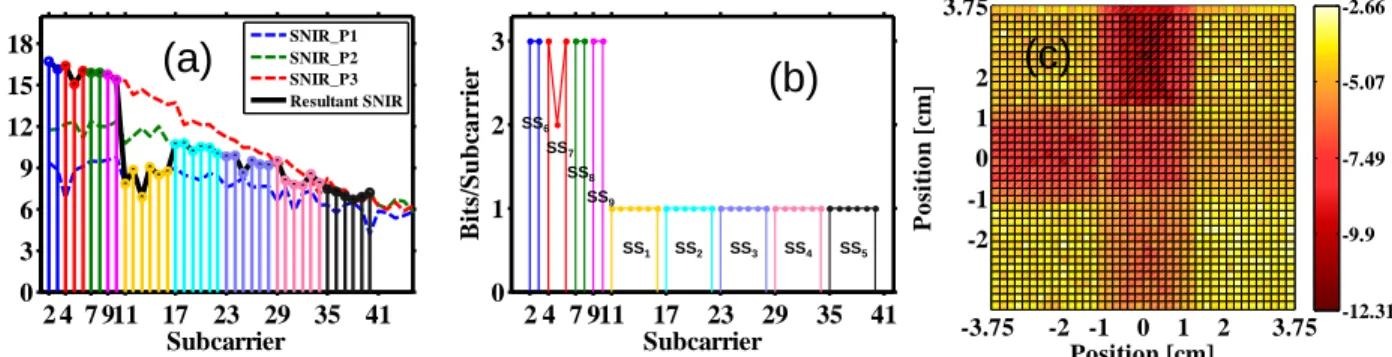 Fig. 4. Simulation results. (a) The SNIR performance for 5 cm LED separation. (b) The bit-loading strategy