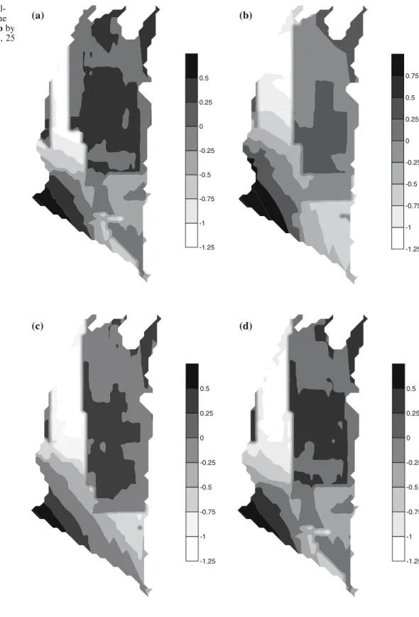 Fig. 5 Mappings of regional- regional-ized factors of factor 1 at the 28.5 km scale a by 34 well, b by Case 1, 20 well, c by Case 1, 25 well, d by Case 1, 30 well