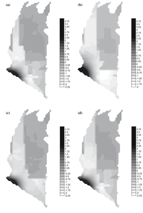 Fig. 6 Mappings of regional- regional-ized factors of factor 1 at the 40 km scale a by 34 well, b by Case 1, 20 well, c by Case 1, 25 well, d by Case 1, 30 well