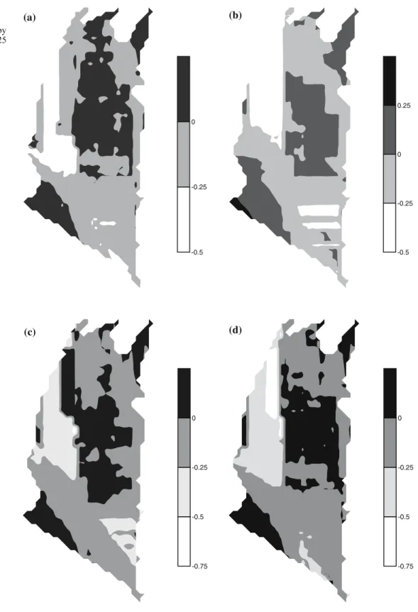 Fig. 7 Mappings of regional- regional-ized factors of factor 2 at the 28.5 km scale a by 34 well, b by Case 1, 20 well, c by Case 1, 25 well, d by Case 1, 30 well