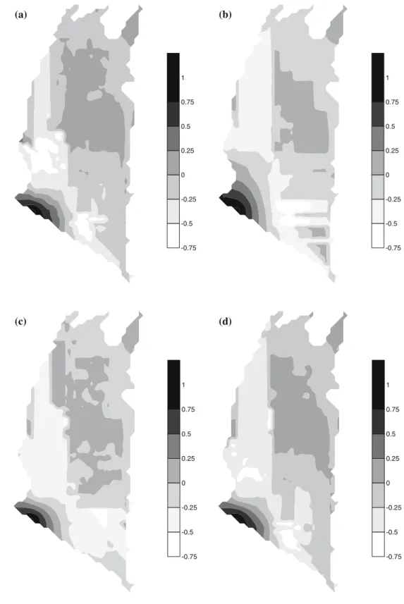 Fig. 8 Mappings of regional- regional-ized factors of factor 2 at the 40 km scale a by 34 well, b by Case 1, 20 well, c by Case 1, 25 well, d by Case 1, 30 well