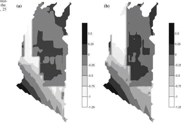 Fig. 10 Mappings of regional- regional-ized factors of factor 1 at the 28.5 km scale a by Case 2, 25 well, b by Case 3, 25 well