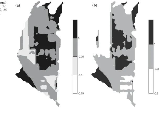 Fig. 12 Mappings of regional- regional-ized factors of factor 2 at the 28.5 km scale a by Case 2, 25 well, b by Case 3, 25 well