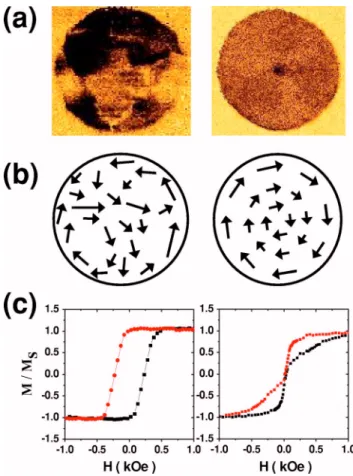 FIG. 3. The MR behaviors of three different diameter Permalloy dots. 0.6 关共a兲 and 共b兲兴, 1 关共c兲 and 共d兲兴, and 5 ␮ m 关共e兲 and 共f兲兴, respectively, at T = 5 K