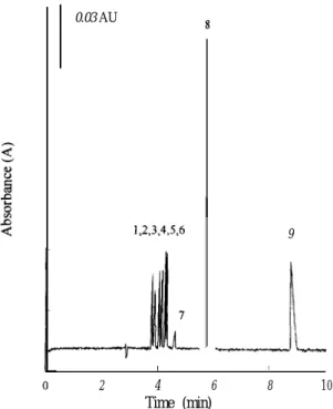 Fig. 2. Separation of nine preservatives by CE. Conditions: separation solution, 0.035 M borax-NaOH  buffer (pH 10.0) containing 2 mM a-cyclodextrin