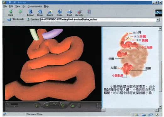 Fig. 2. A sample screen—small intestine—from the pilot health science system, including a VRML window for 3D graphics (on the left), and textual and 2D graphics (on the right).