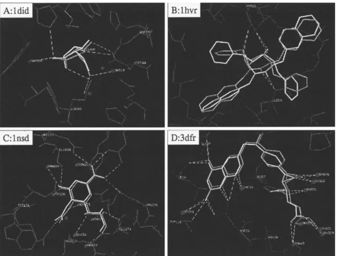 Figure 4. GEMDOCK results of four protein–ligand complexes. The RMSD values of these four complexes are less than 1.0 Å, and most of the docked ligand groups (white) are identical with the crystal ligand structures (gray)