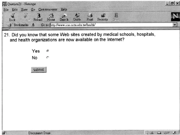 Fig. 4. The screen for question 21; clicking `yes' or `no' will trigger dierent questions to follow.