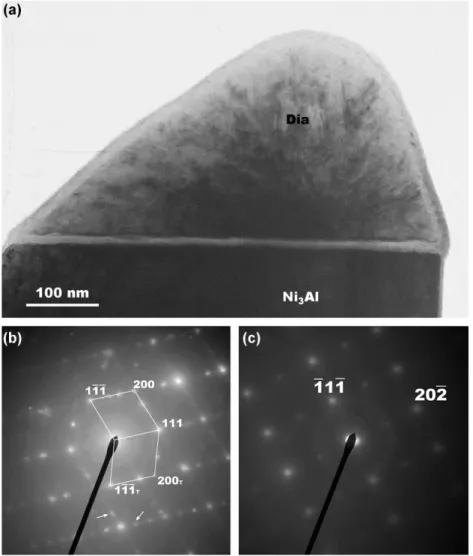 Fig. 4. (a) XTEM bright field image of diamond deposited on Ni 3 Al with positive biasing