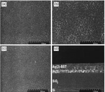 FIG. 2. SEM pictures of surface morphologies of sol-gel-derived (a) BST, (b) Ag(1)–BST, (c) Ag(2)–BST thin films, and (d) cross-sectional SEM  pic-ture of Ag (2)–BST film 共thickness⬃210±10 nm兲 on Pt/Ti/SiO 2 / Si 