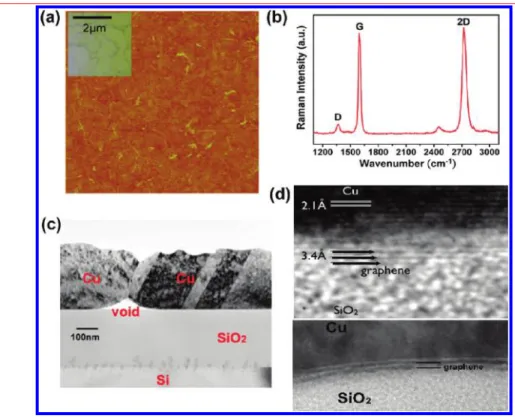Figure 4. (a) Typical AFM image for the bottom layer graphene grown on a SiO 2 /Si. (Insert) Optical micrograph of the Cu layer after graphene growth.