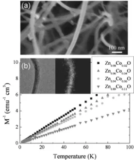 FIG. 1. 共a兲 Typical SEM image of the as-implanted Zn 0.94 Co 0.06 O NWs. 共b兲 The inverse magnetizations of as-implanted Zn 1−x Co x O NWs taken at a field of 1000 Oe