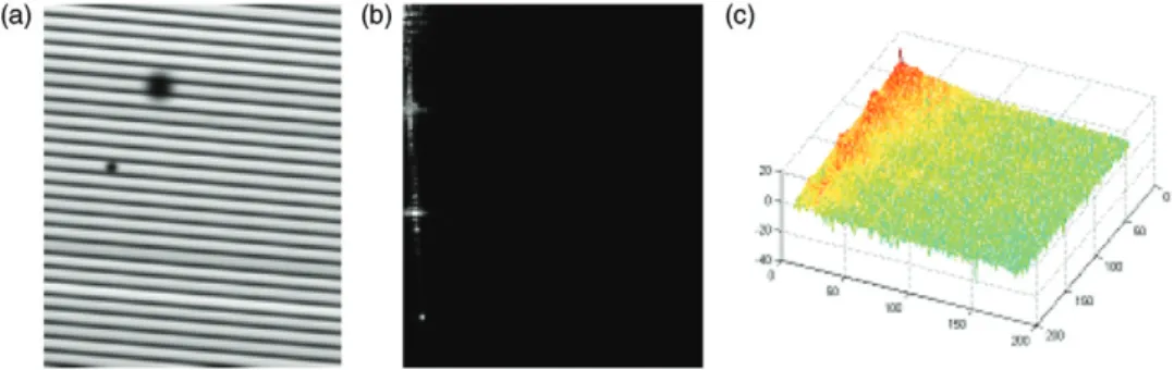 Figure 2. (a) Image of Figure 1(a2) with artificial spot defects, (b) corresponding spectrum, and (c) corresponding 3D energy plot.