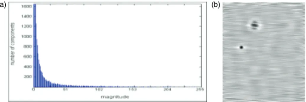 Figure 3. (a) Power distribution of Figure 2(a) and (b) restored images when T was selected using the Rosin thresholding method.