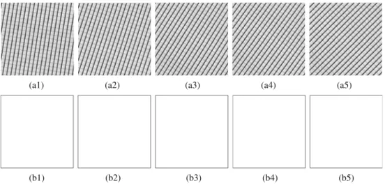 Fig. 15 a1 –a5, respectively was obtained by rotating Fig. 9a1 with rotations of 9°, 18°, …, and 45°; and b1–b5, respectively, was the binarized image of Fig