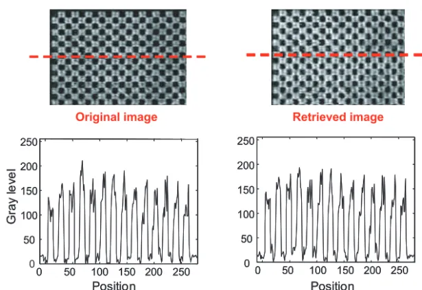 Fig. 3. The original and one of the retrieved images together with the linear scan of the gray level of the corresponding images.